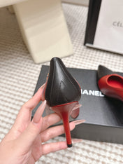 CHANEL 26S HIGH HEELS IN RED LAMBSKIN WITH BLACK CHEVRON-QUILTED TOE