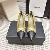 CHANEL 26S HIGH HEELS IN CREAM BEIGE LAMBSKIN WITH BLACK CHEVRON-QUILTED TOE