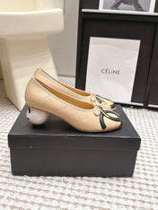 CHANEL 26S PEARL HIGH HEELS 55 MM IN BEIGE CALFSKIN WITH BLACK CC LOGO