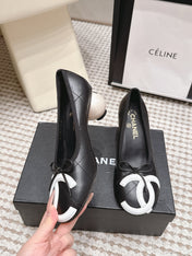 CHANEL 26S PEARL HIGH HEELS 55 MM IN BLACK CALFSKIN WITH WHITE CC LOGO