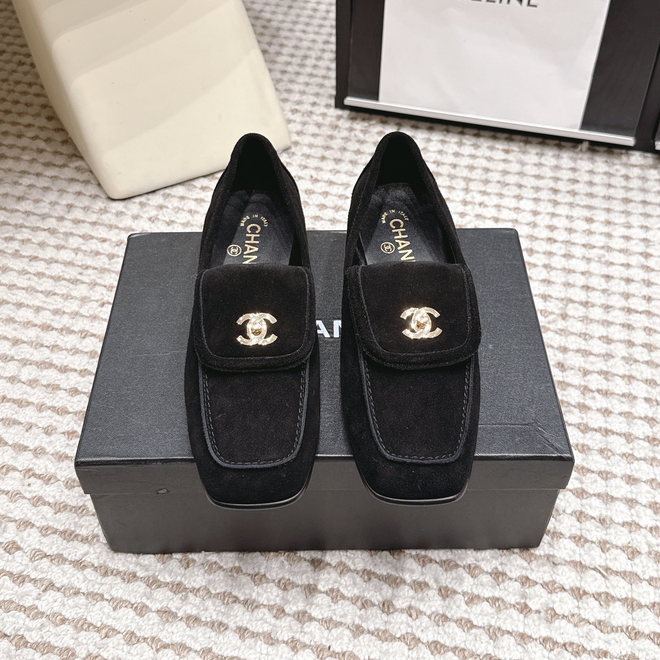 CHANEL 26S LOAFERS IN BLACK SUEDE WITH GOLD-TONE CC LOGO