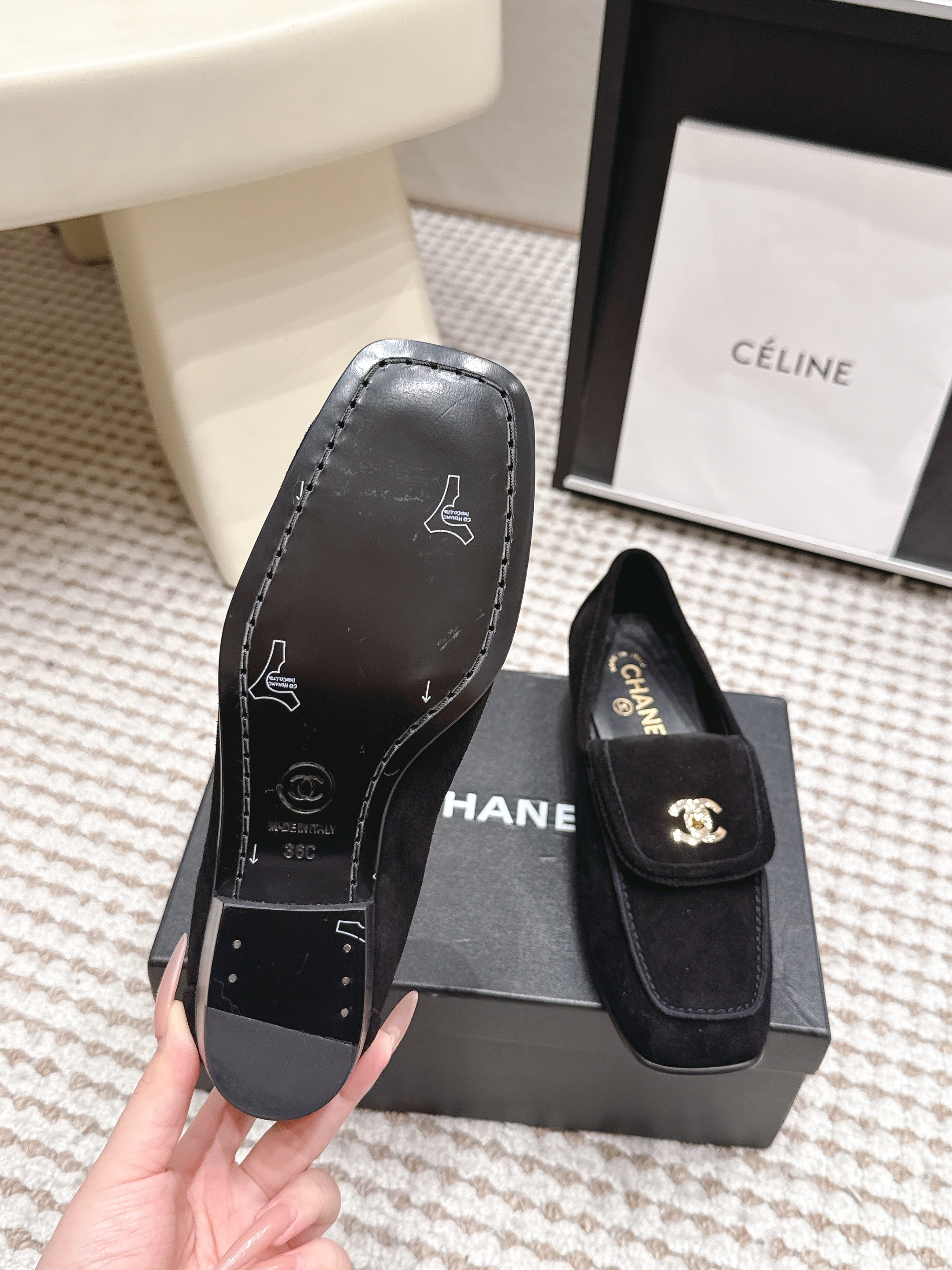 CHANEL 26S LOAFERS IN BLACK SUEDE WITH GOLD-TONE CC LOGO