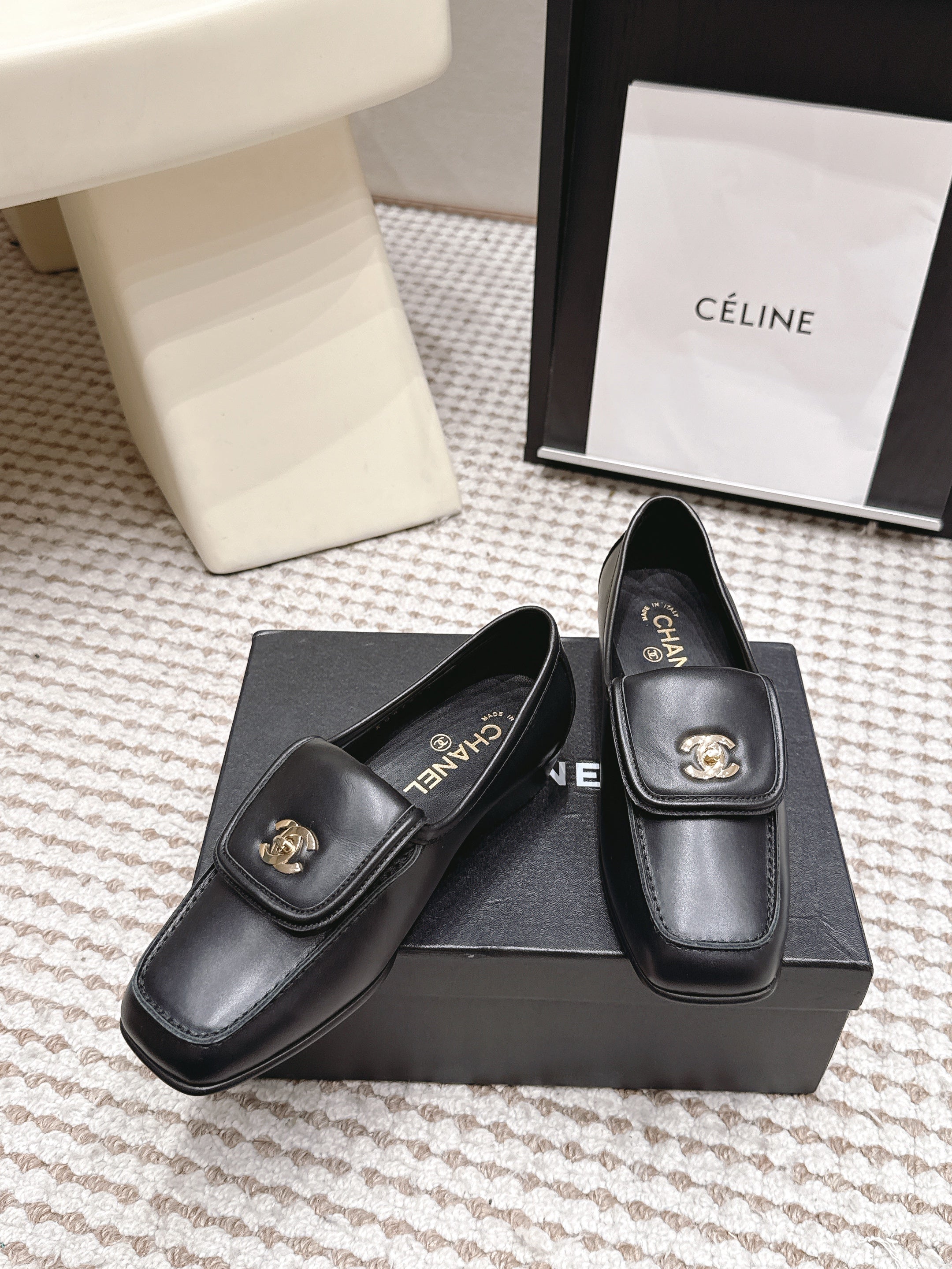 CHANEL 26S LOAFERS IN BLACK CALFSKIN WITH GOLD-TONE CC LOGO
