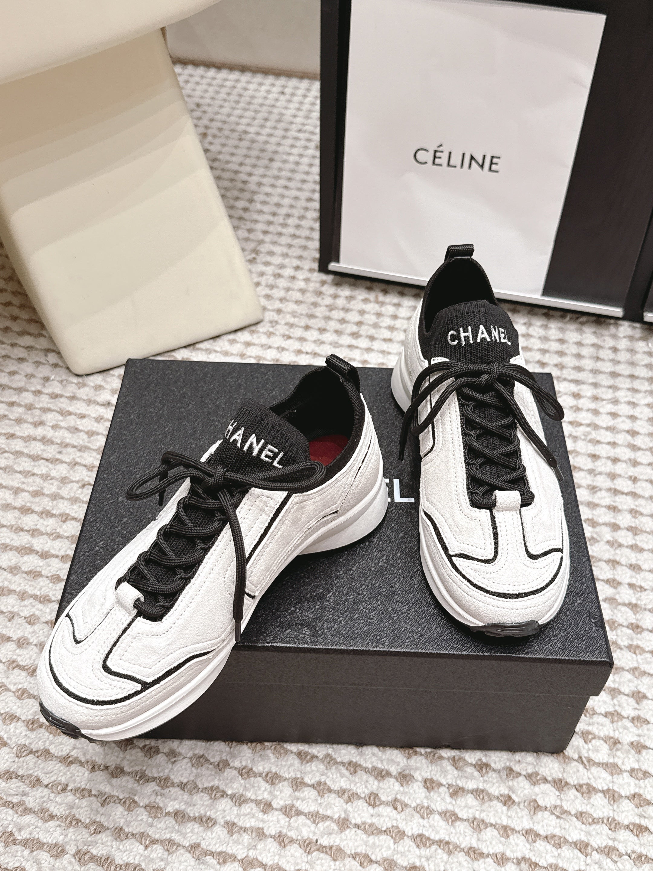 CHANEL 26S PLATFORM SNEAKERS 30 MM IN WHITE SUEDE WITH BLACK FABRIC