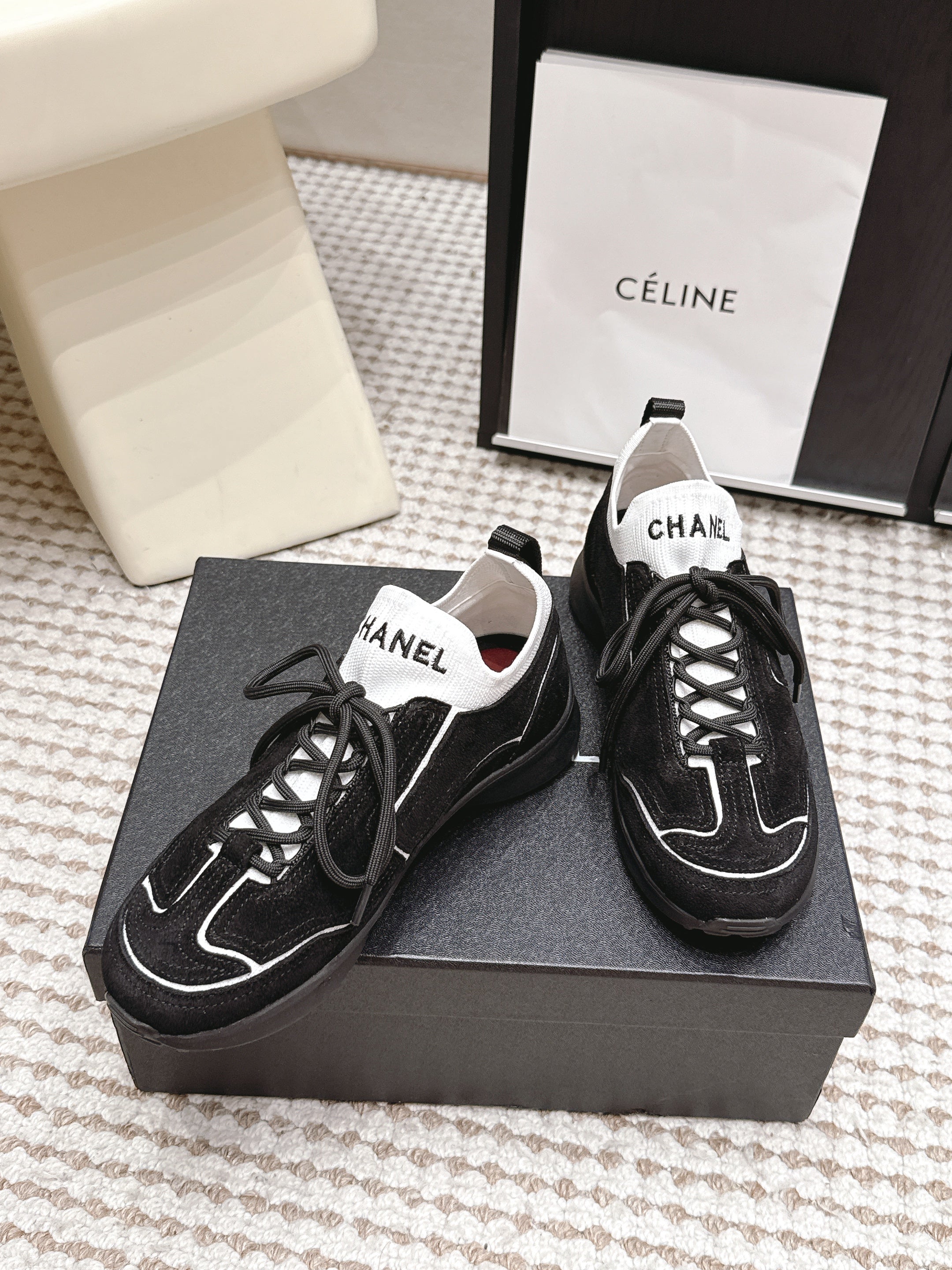 CHANEL 26S PLATFORM SNEAKERS 30 MM IN BLACK SUEDE WITH WHITE FABRIC