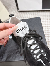 CHANEL 26S PLATFORM SNEAKERS 30 MM IN BLACK SUEDE WITH WHITE FABRIC