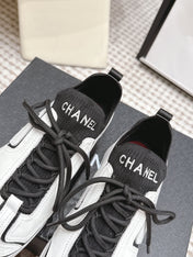 CHANEL 26S PLATFORM SNEAKERS 30 MM IN WHITE CALFSKIN WITH BLACK FABRIC
