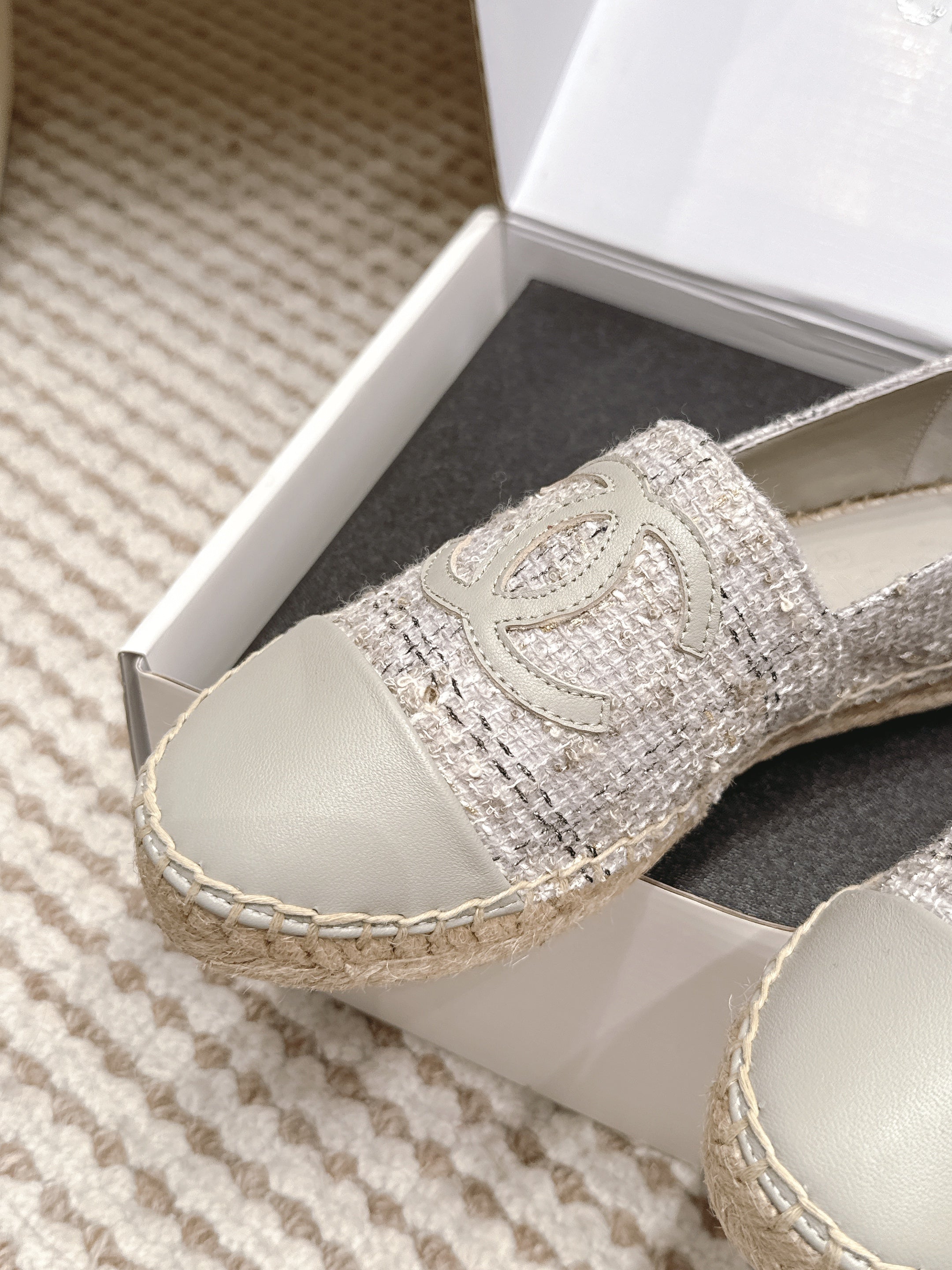 CHANEL 26S SLIP ONS IN GREY TWEED AND PATENT CALFSKIN