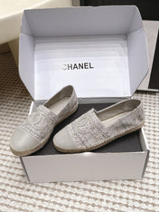 CHANEL 26S SLIP ONS IN GREY TWEED AND PATENT CALFSKIN