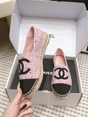 CHANEL 26S SLIP ONS IN PINK MIX BLACK TWEED AND PATENT CALFSKIN