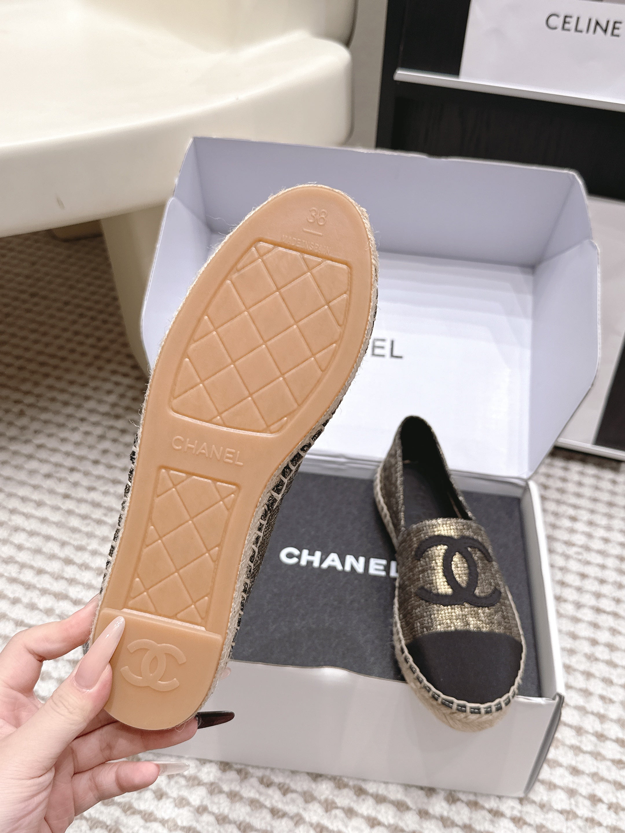 CHANEL 26S SLIP ONS IN GOLD BRONZE MIX BLACK FABRIC