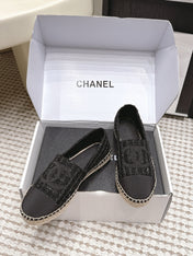 CHANEL 26S SLIP ONS IN BLACK TWEED AND PATENT CALFSKIN