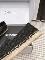 CHANEL 26S SLIP ONS IN BLACK TWEED AND PATENT CALFSKIN