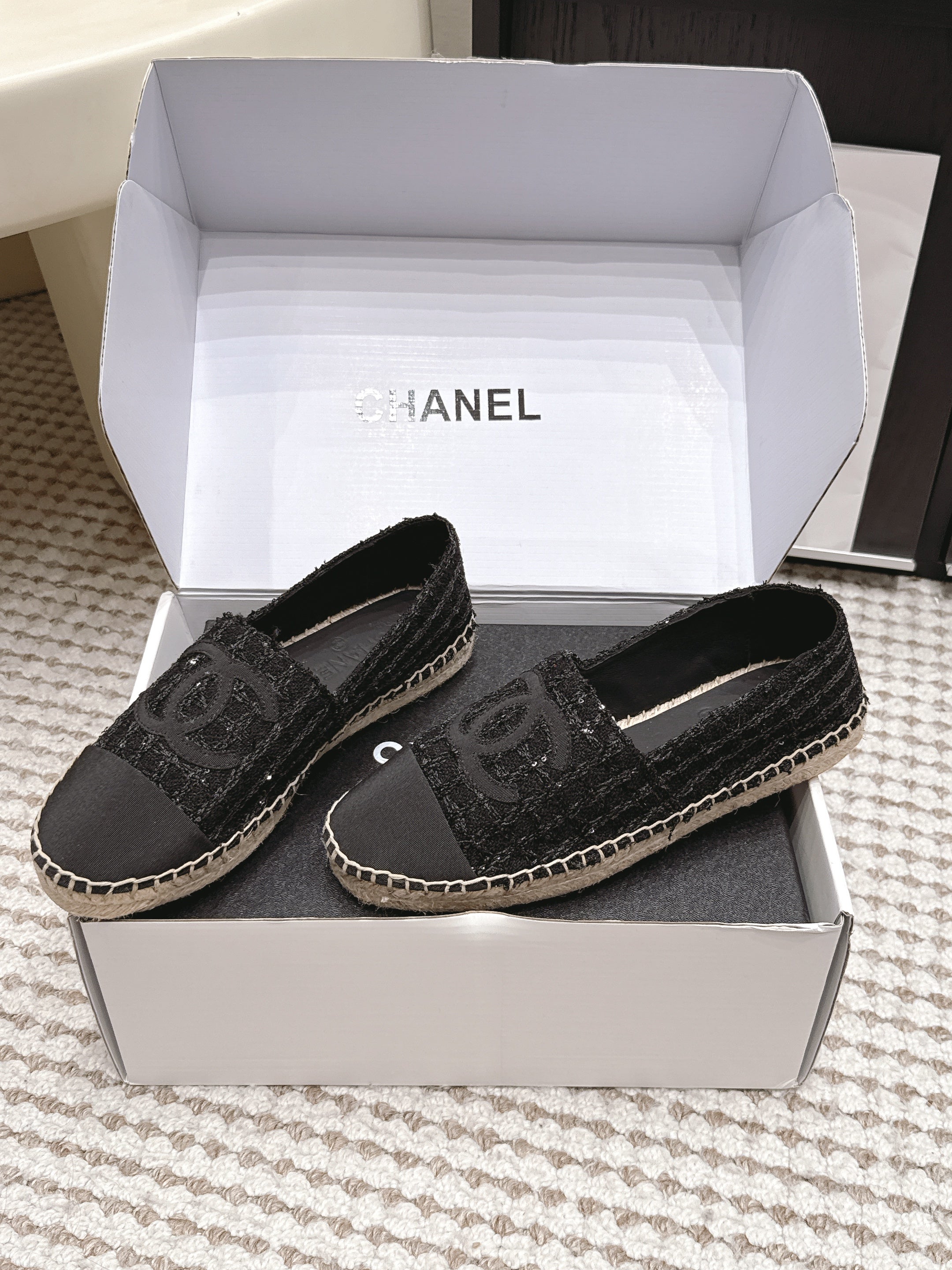 CHANEL 26S SLIP ONS IN BLACK TWEED AND PATENT CALFSKIN