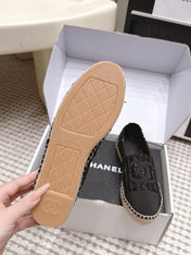 CHANEL 26S SLIP ONS IN BLACK TWEED AND PATENT CALFSKIN