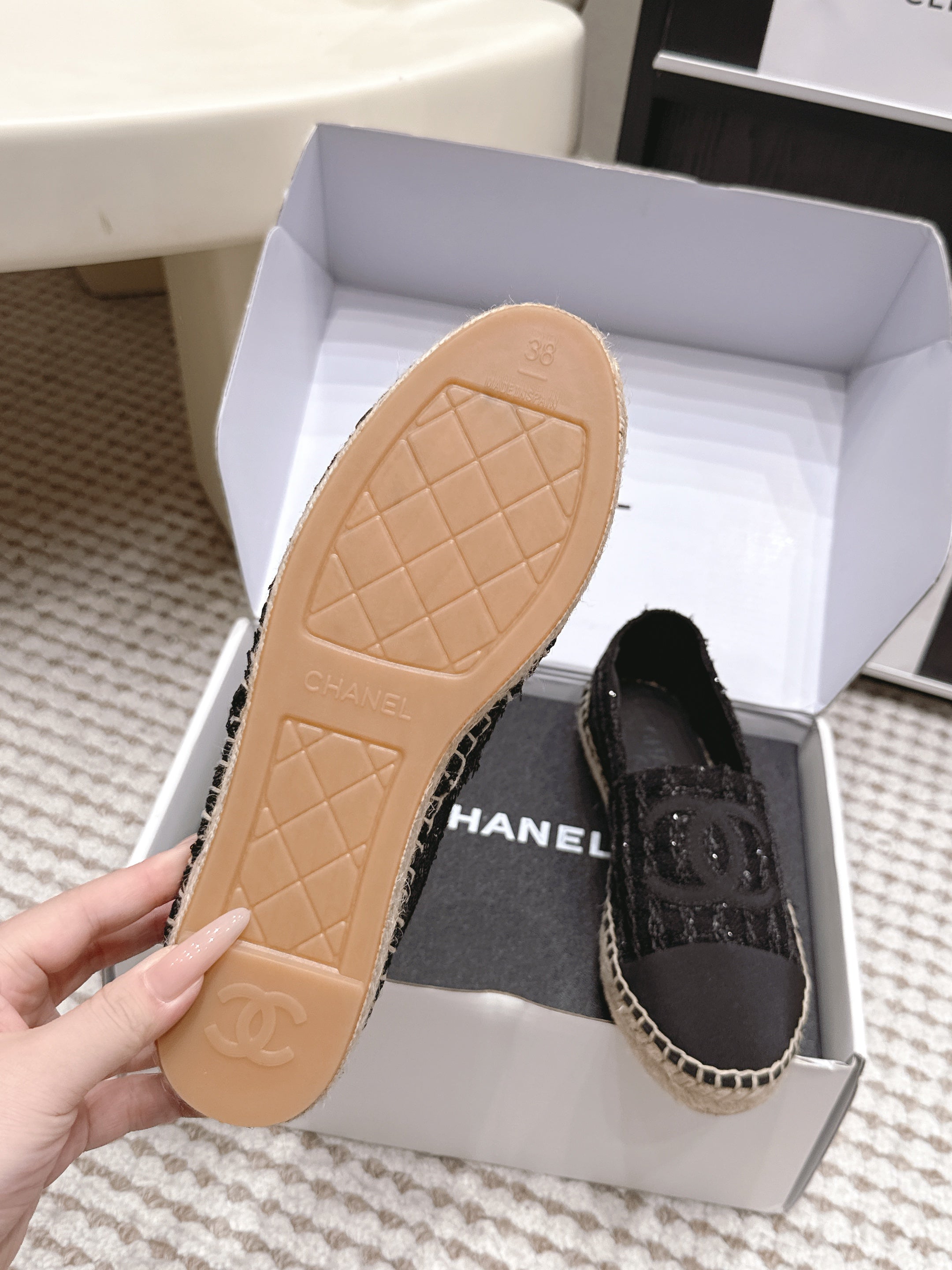 CHANEL 26S SLIP ONS IN BLACK TWEED AND PATENT CALFSKIN
