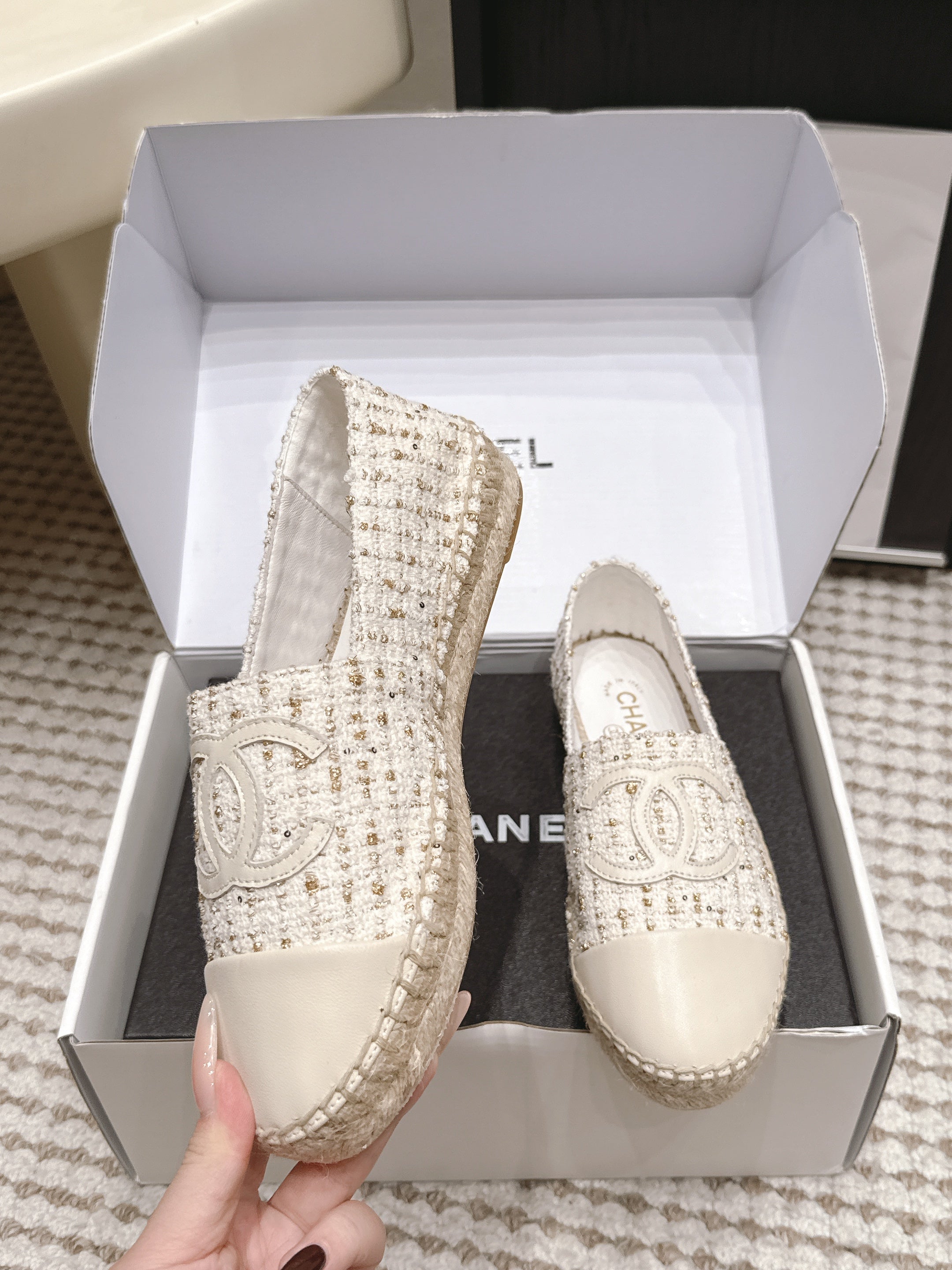 CHANEL 26S SLIP ONS IN WHITE TWEED AND PATENT CALFSKIN