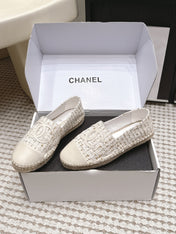 CHANEL 26S SLIP ONS IN WHITE TWEED AND PATENT CALFSKIN