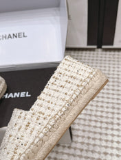 CHANEL 26S SLIP ONS IN WHITE TWEED AND PATENT CALFSKIN