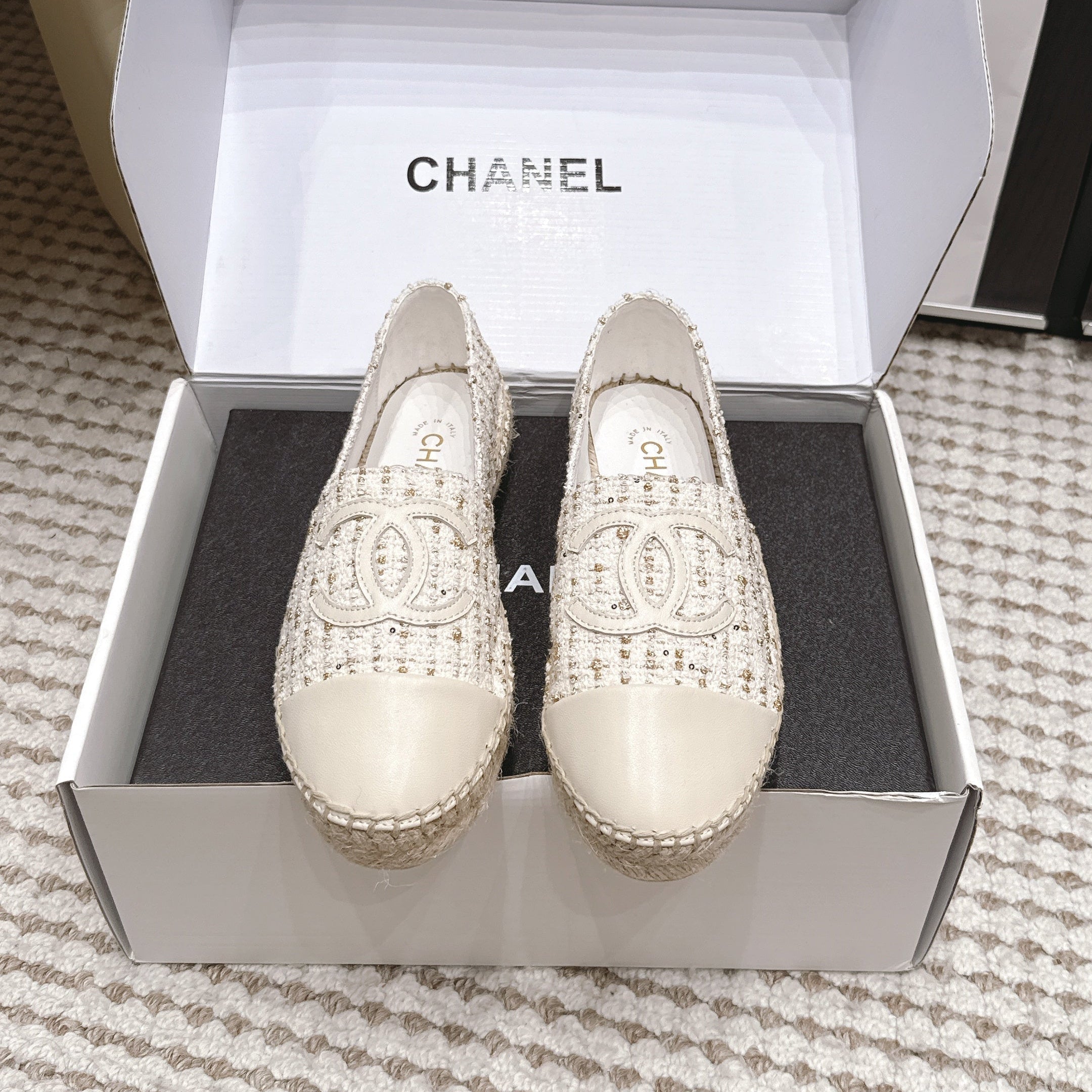 CHANEL 26S SLIP ONS IN WHITE TWEED AND PATENT CALFSKIN
