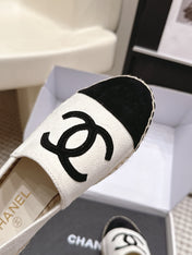 CHANEL 26S ESPADRILLE SLIP-ONS IN WHITE MIX BLACK SUEDE