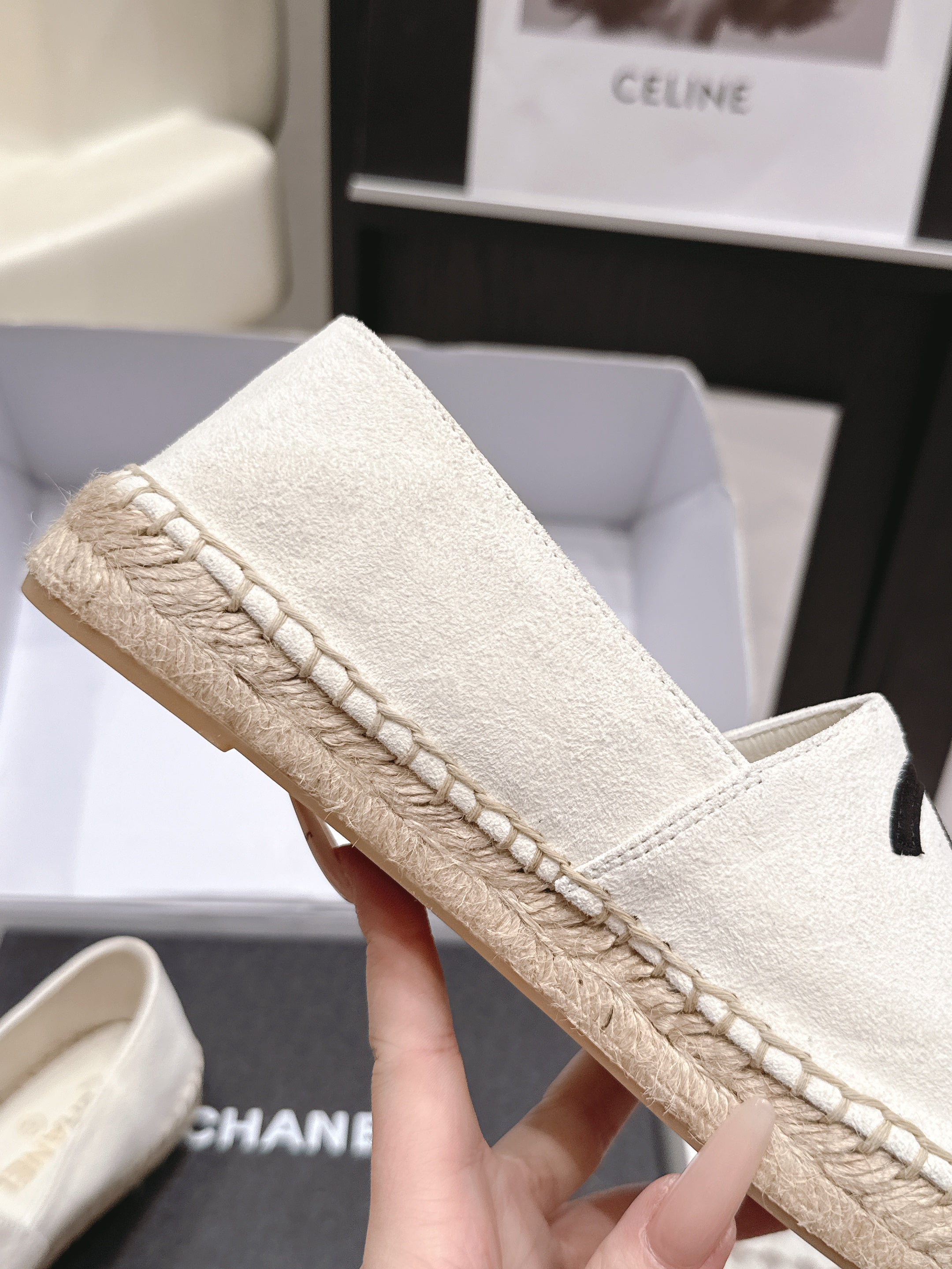 CHANEL 26S ESPADRILLE SLIP-ONS IN WHITE MIX BLACK SUEDE