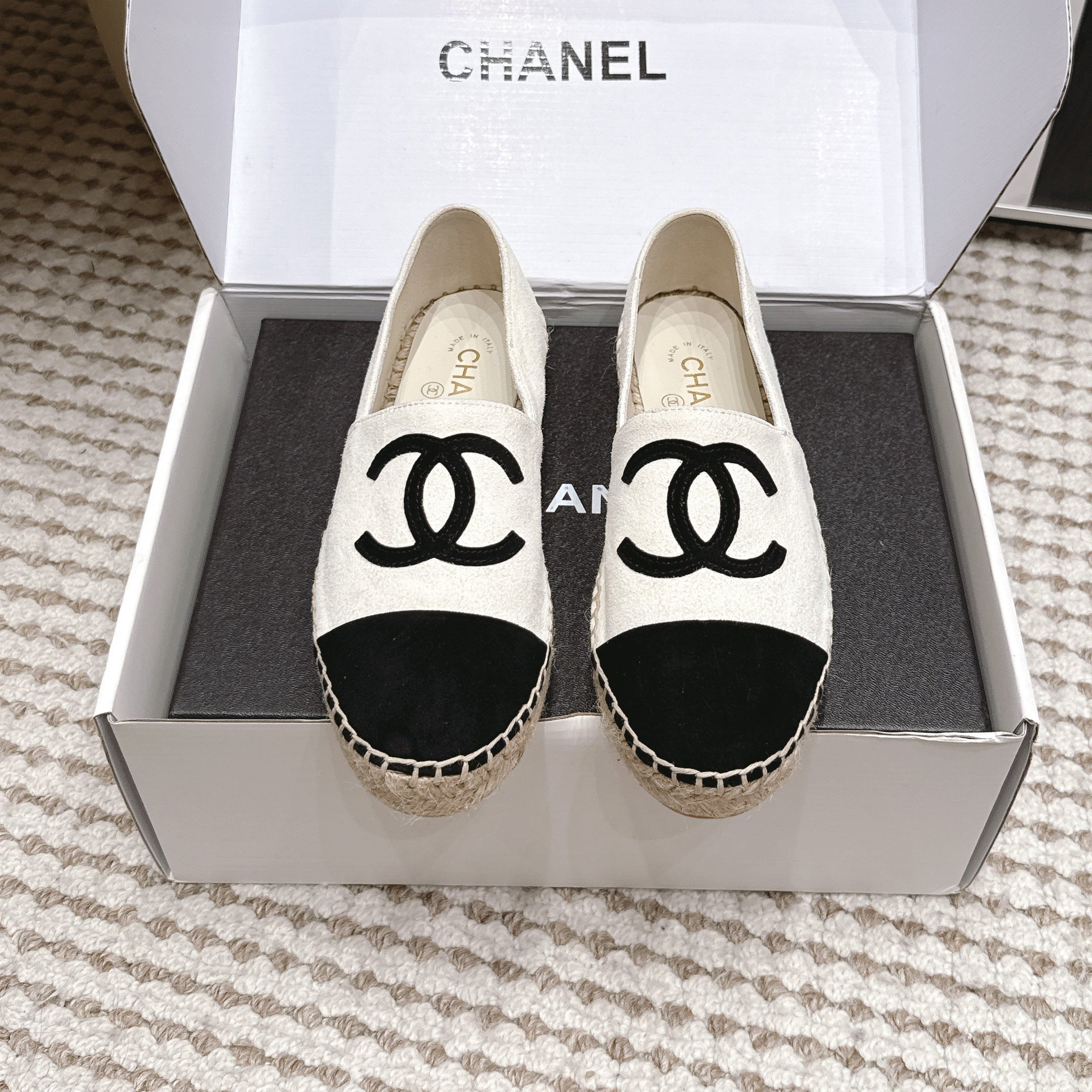 CHANEL 26S ESPADRILLE SLIP-ONS IN WHITE MIX BLACK SUEDE