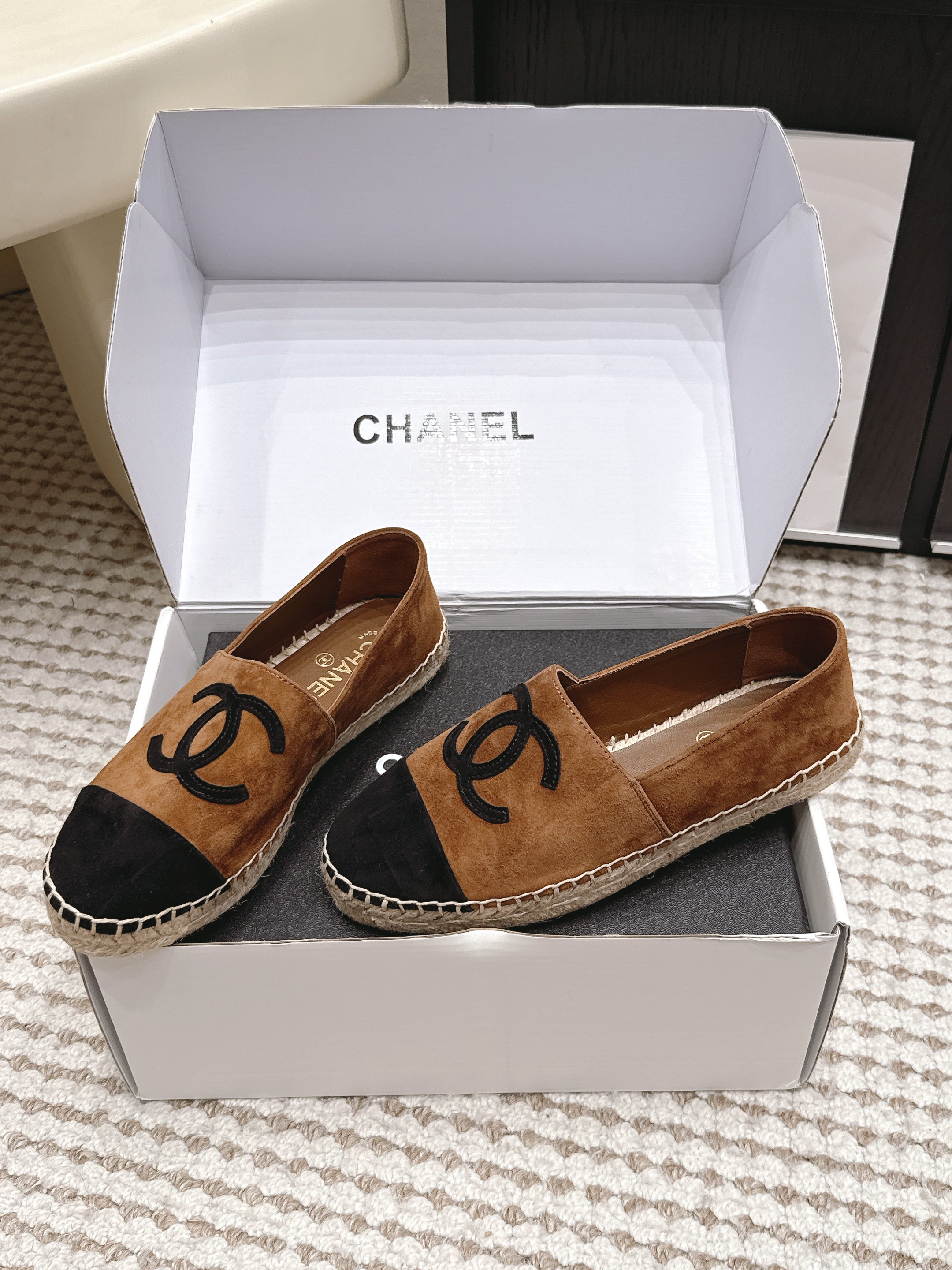 CHANEL 26S ESPADRILLE SLIP-ONS IN BROWN MIX BLACK SUEDE