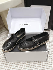 CHANEL 26S MARY JANE FLATS IN BLACK LAMBSKIN ESPADRILLE SOLE