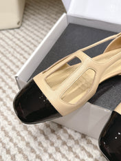 CHANEL 26S ROUND TOE MARY JANE FLATS IN OFF BEIGE CUTOUT CALFSKIN WITH BLACK PATENT TOE