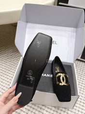 CHANEL 26S SQUARE TOE FLATS IN BLACK SUEDE WITH GOLD TONE CC LOGO