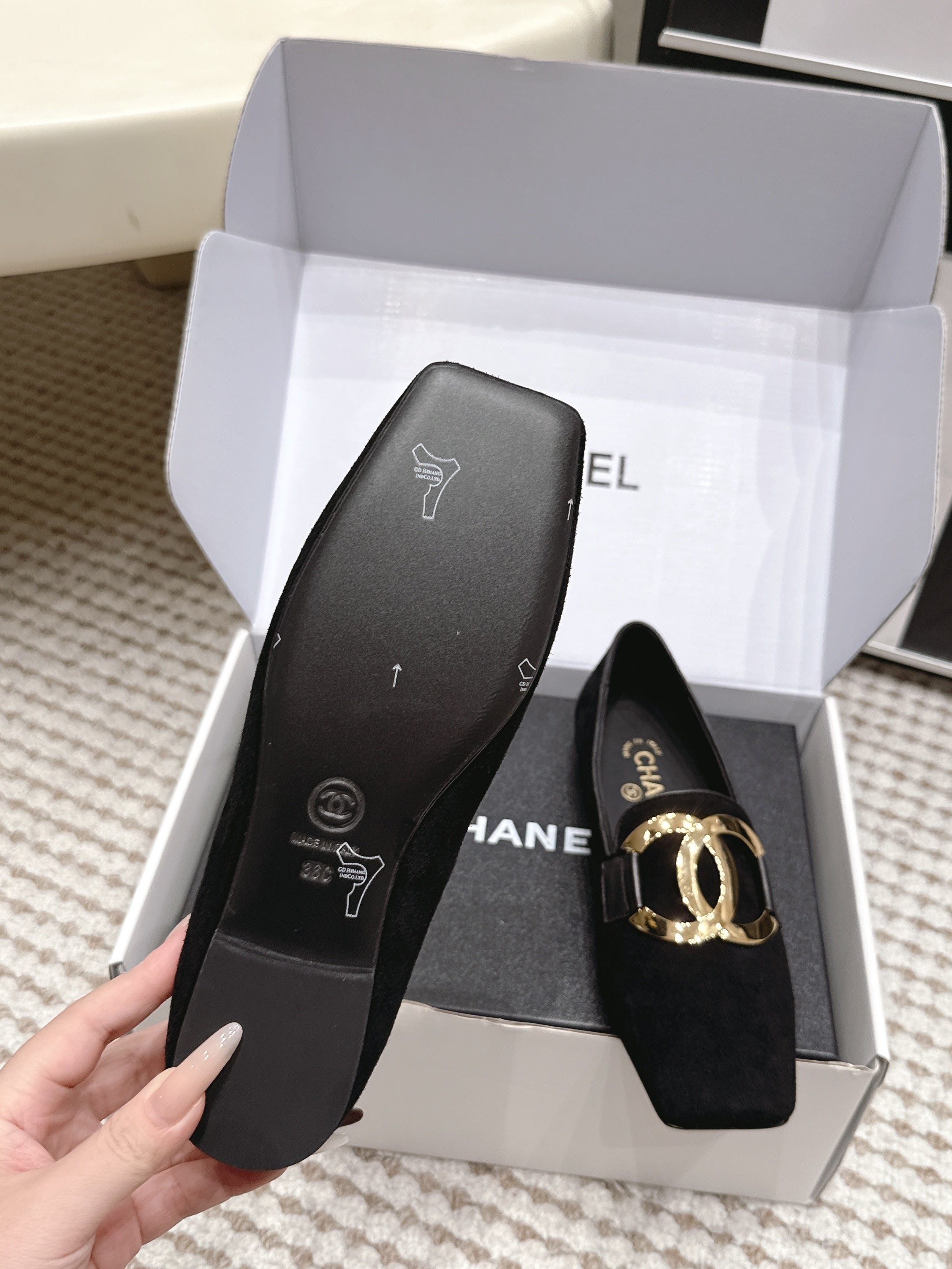 CHANEL 26S SQUARE TOE FLATS IN BLACK SUEDE WITH GOLD TONE CC LOGO