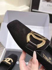 CHANEL 26S SQUARE TOE FLATS IN BLACK SUEDE WITH GOLD TONE CC LOGO