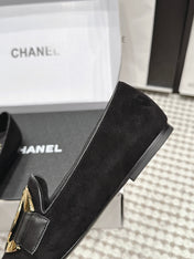 CHANEL 26S SQUARE TOE FLATS IN BLACK SUEDE WITH GOLD TONE CC LOGO