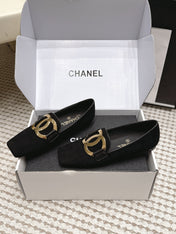 CHANEL 26S SQUARE TOE FLATS IN BLACK SUEDE WITH GOLD TONE CC LOGO
