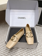 CHANEL 26S SQUARE TOE FLATS IN BEIGE CALFSKIN WITH GOLD TONE CC LOGO