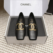 CHANEL 26S SQUARE TOE FLATS IN BLACK CALFSKIN WITH GOLD TONE CC LOGO