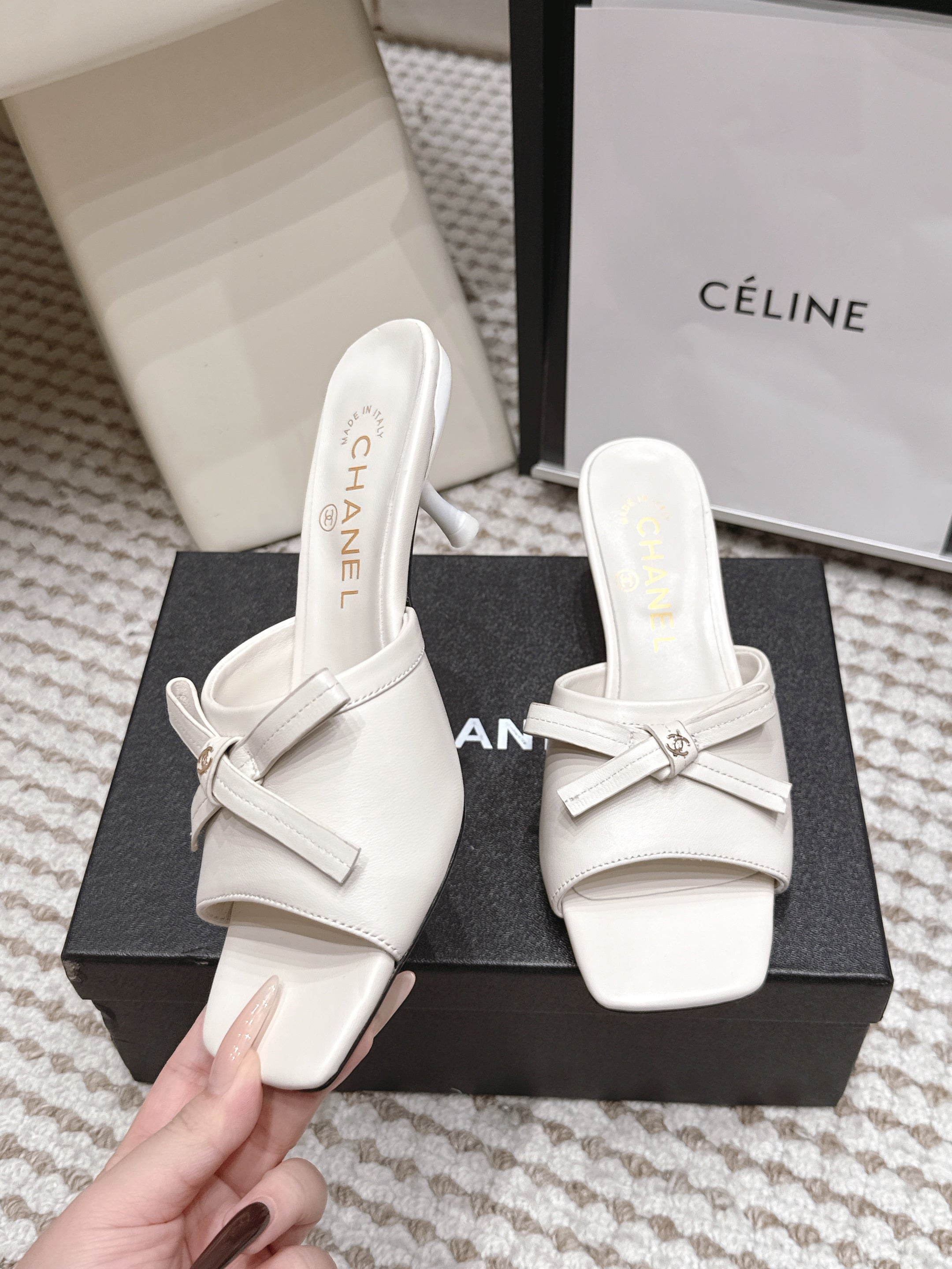 CHANEL 26S SQUARE TOE HIGH HEEL SANDALS IN OFF WHITE CALFSKIN