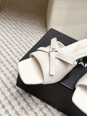 CHANEL 26S SQUARE TOE HIGH HEEL SANDALS IN OFF WHITE CALFSKIN