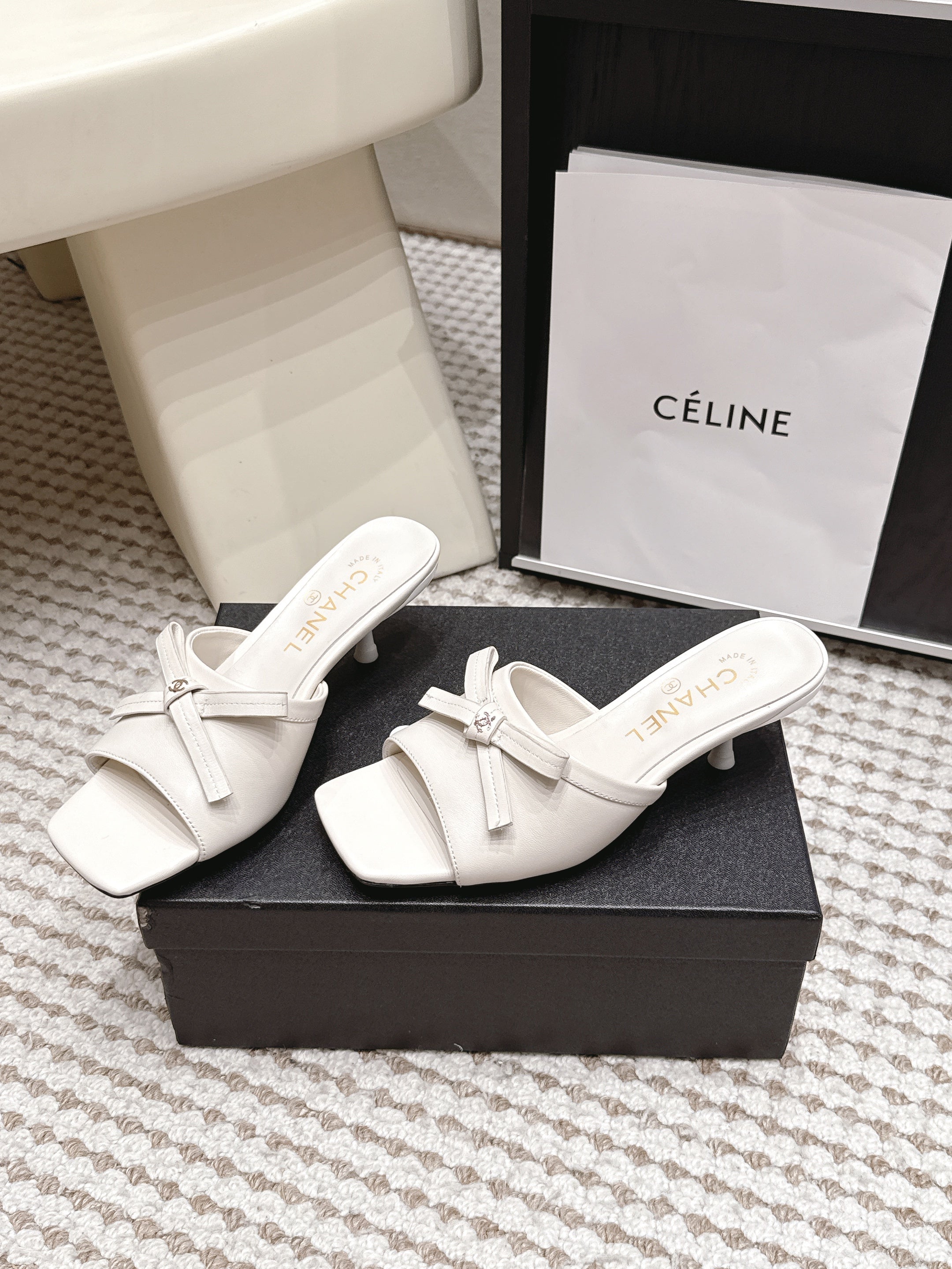 CHANEL 26S SQUARE TOE HIGH HEEL SANDALS IN OFF WHITE CALFSKIN