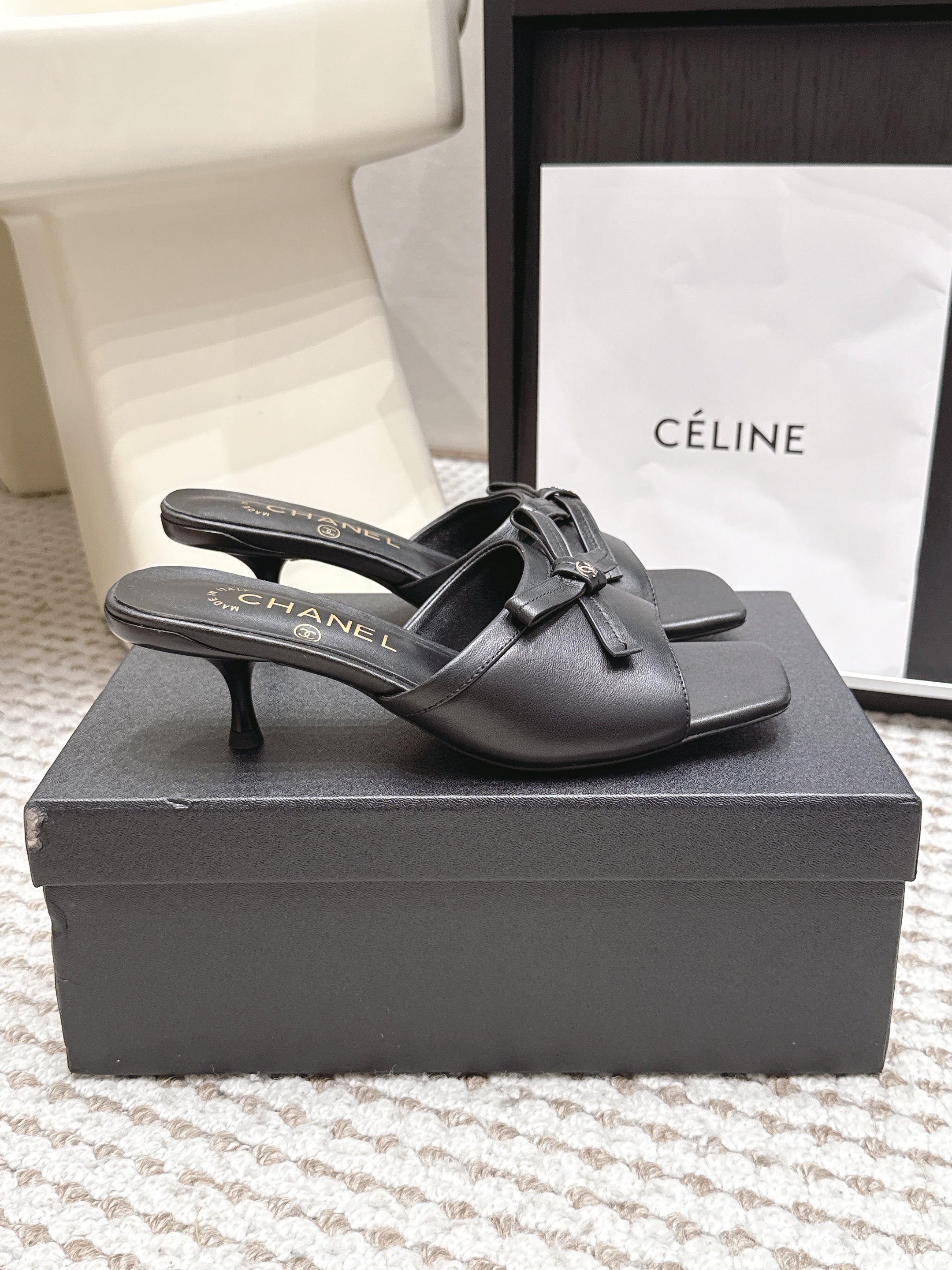 CHANEL 26S SQUARE TOE HIGH HEEL SANDALS IN BLACK CALFSKIN