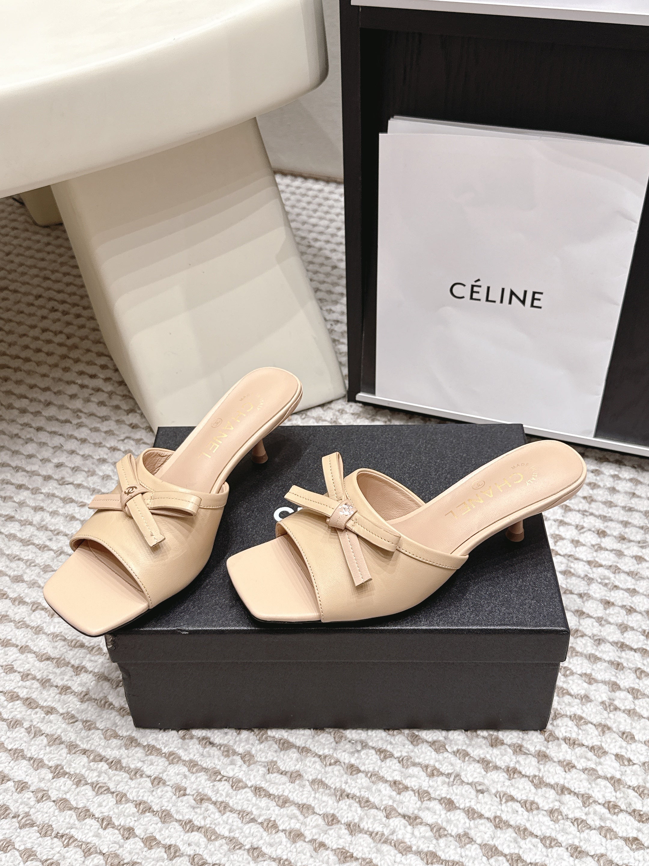 CHANEL 26S SQUARE TOE HIGH HEEL SANDALS IN BEIGE CALFSKIN