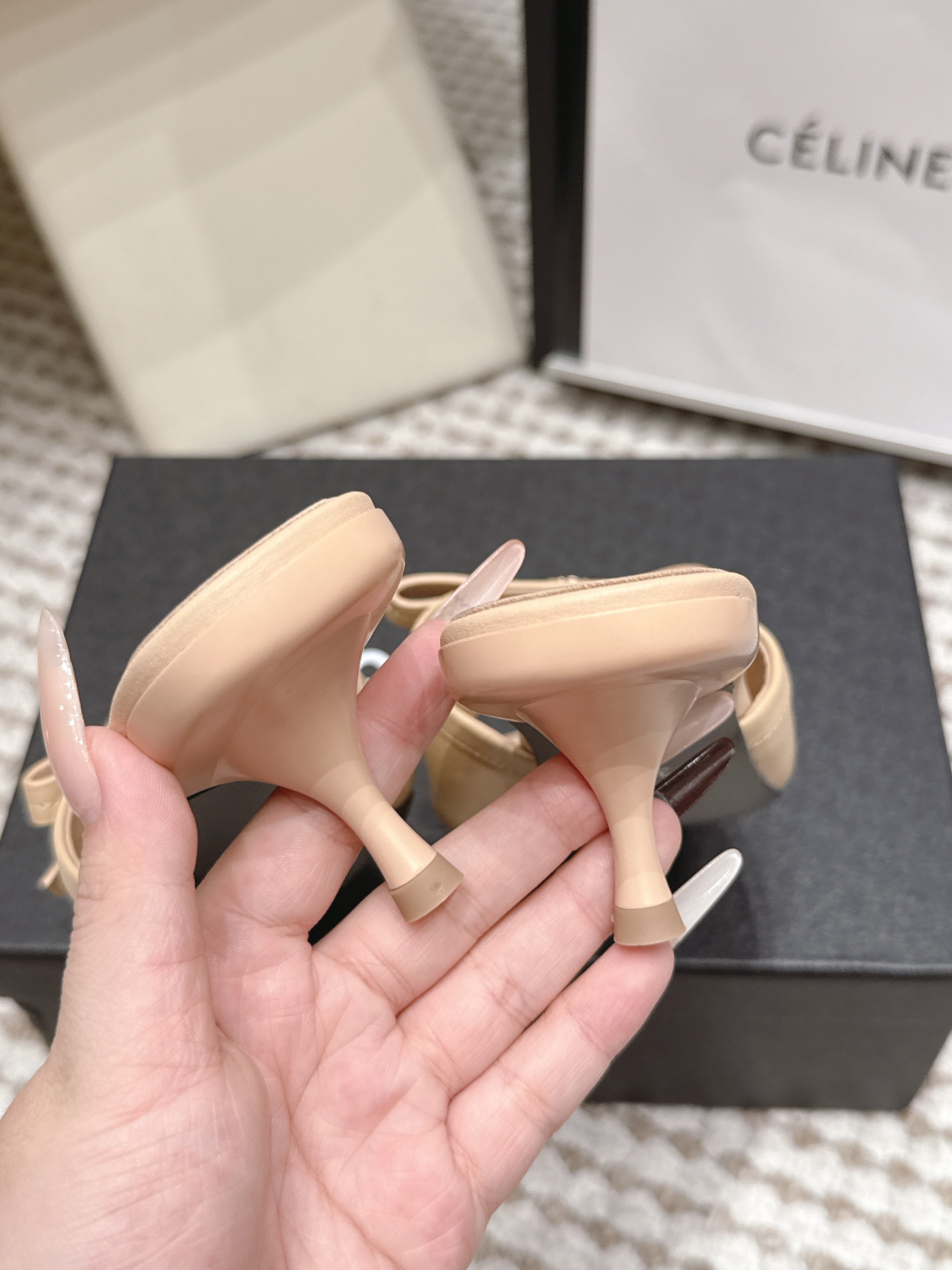 CHANEL 26S SQUARE TOE HIGH HEEL SANDALS IN BEIGE CALFSKIN