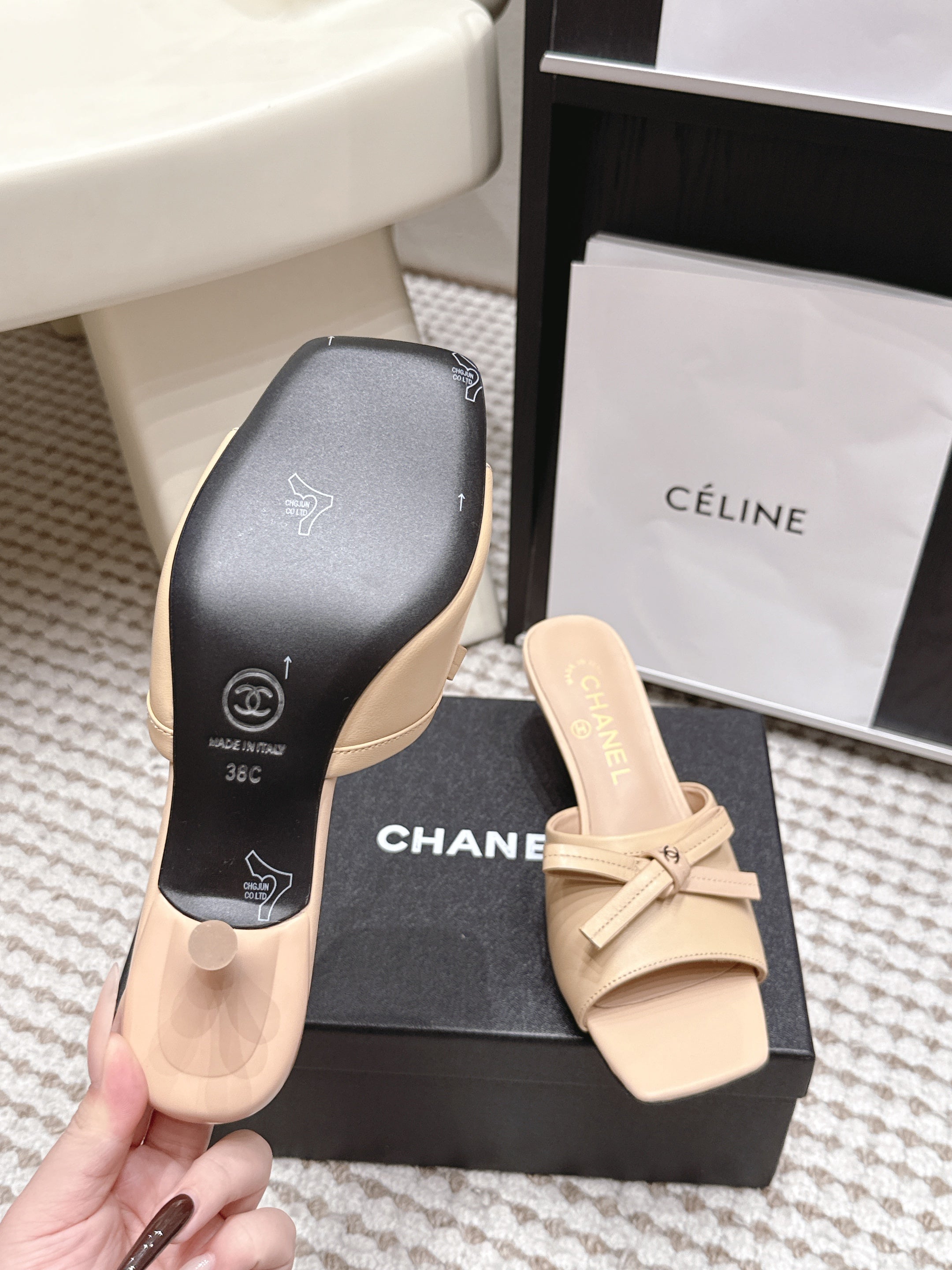 CHANEL 26S SQUARE TOE HIGH HEEL SANDALS IN BEIGE CALFSKIN