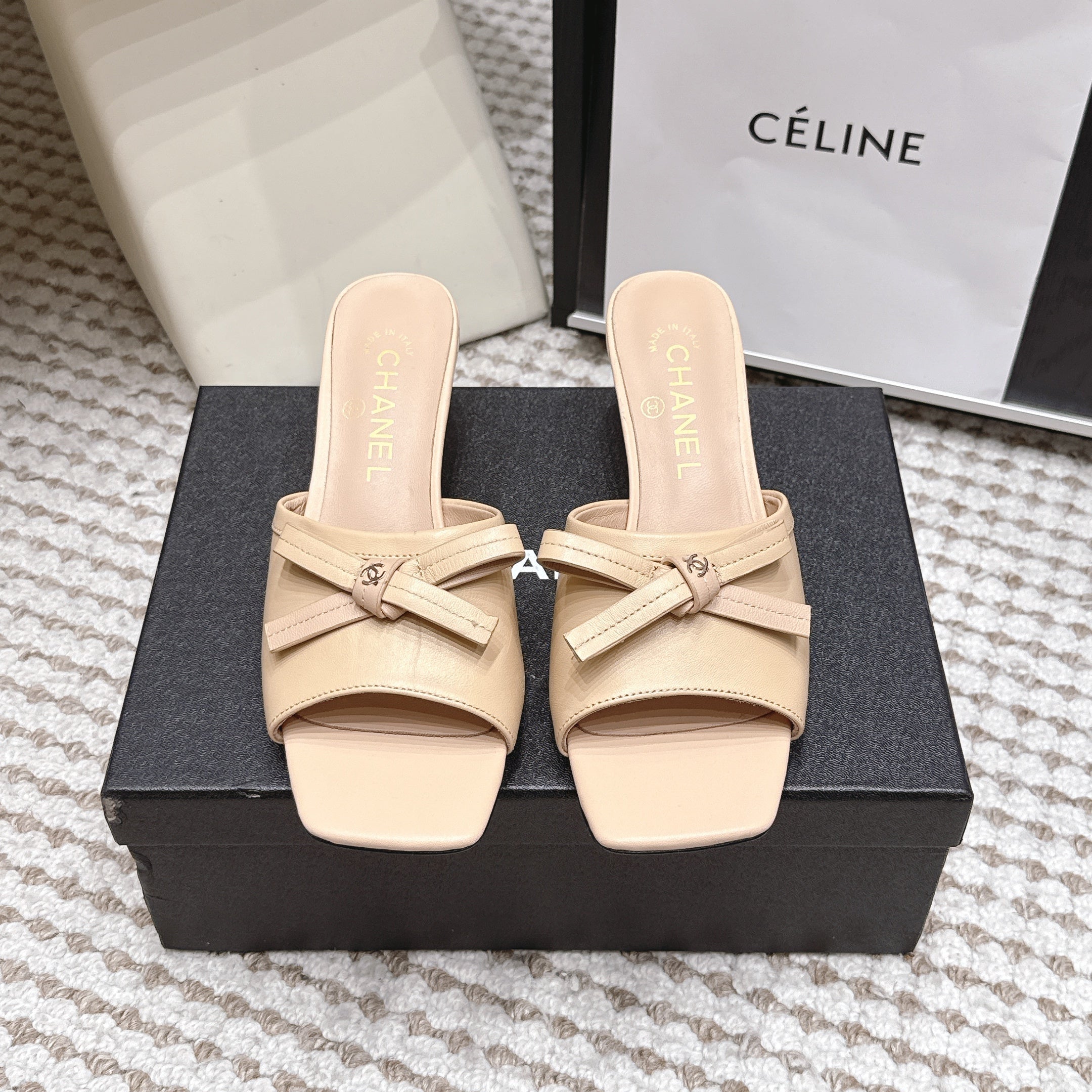 CHANEL 26S SQUARE TOE HIGH HEEL SANDALS IN BEIGE CALFSKIN