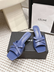 CHANEL 26S SQUARE TOE HIGH HEEL SANDALS IN DARK BLUE CALFSKIN