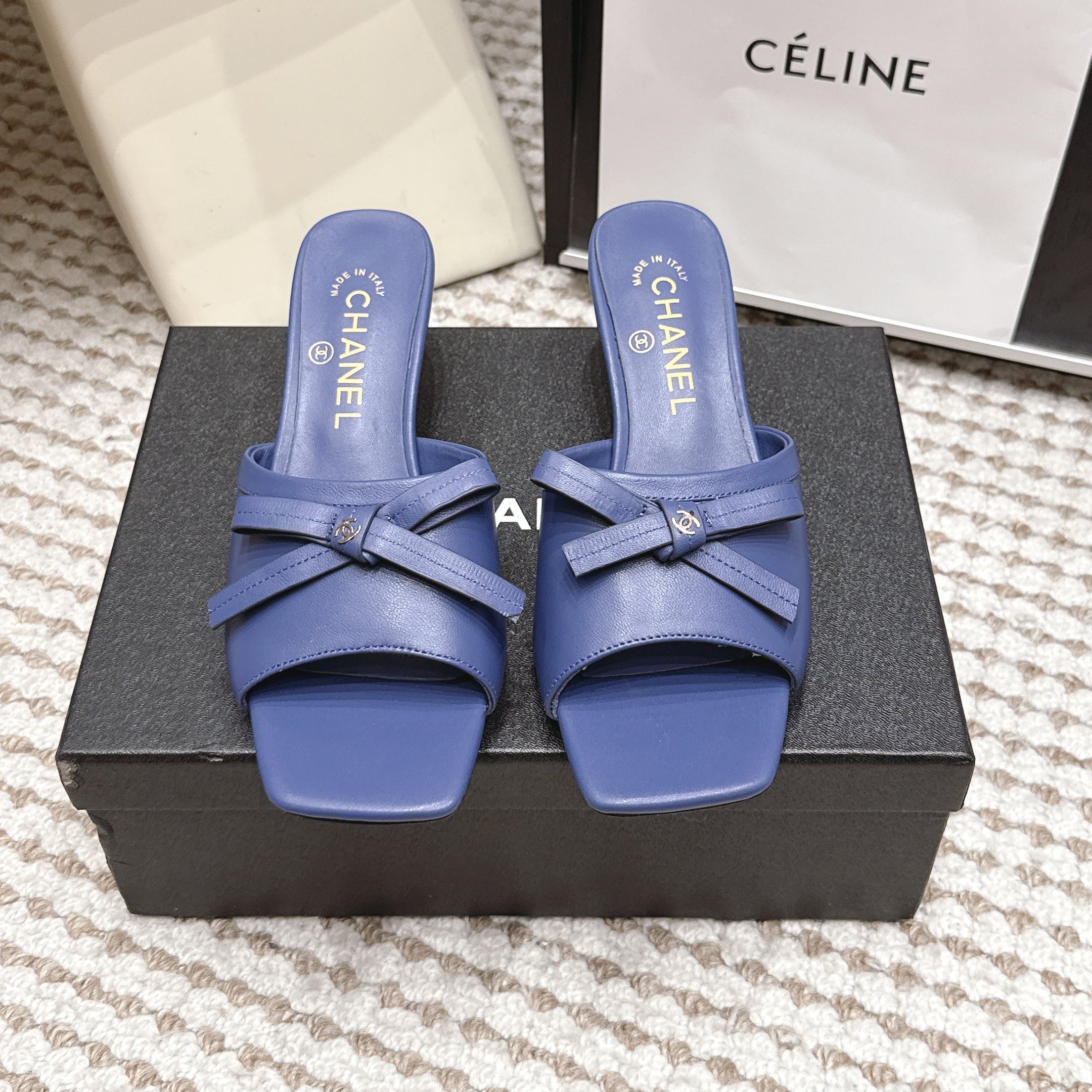 CHANEL 26S SQUARE TOE HIGH HEEL SANDALS IN DARK BLUE CALFSKIN
