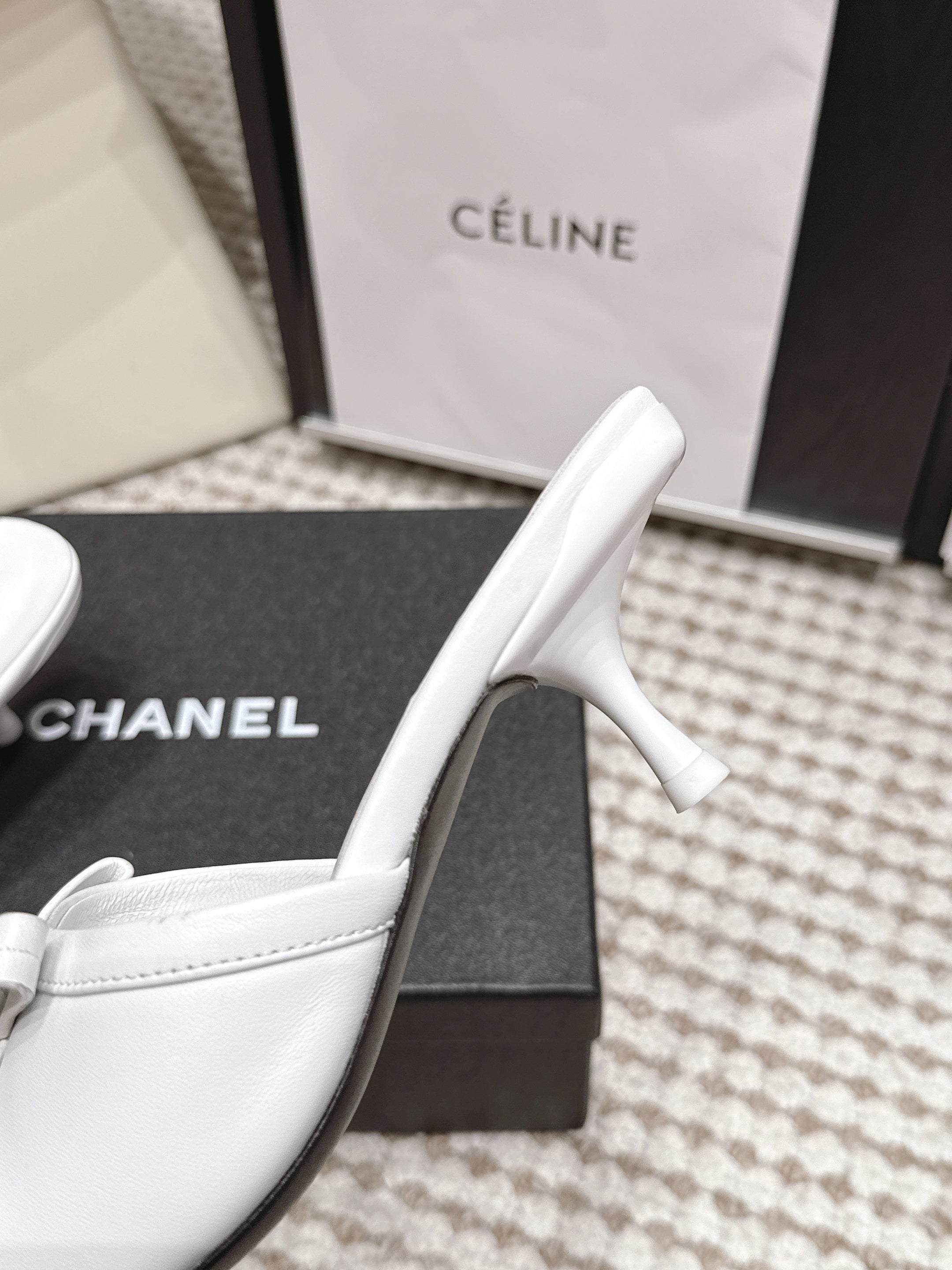 CHANEL 26S SQUARE TOE HIGH HEEL SANDALS IN WHITE CALFSKIN