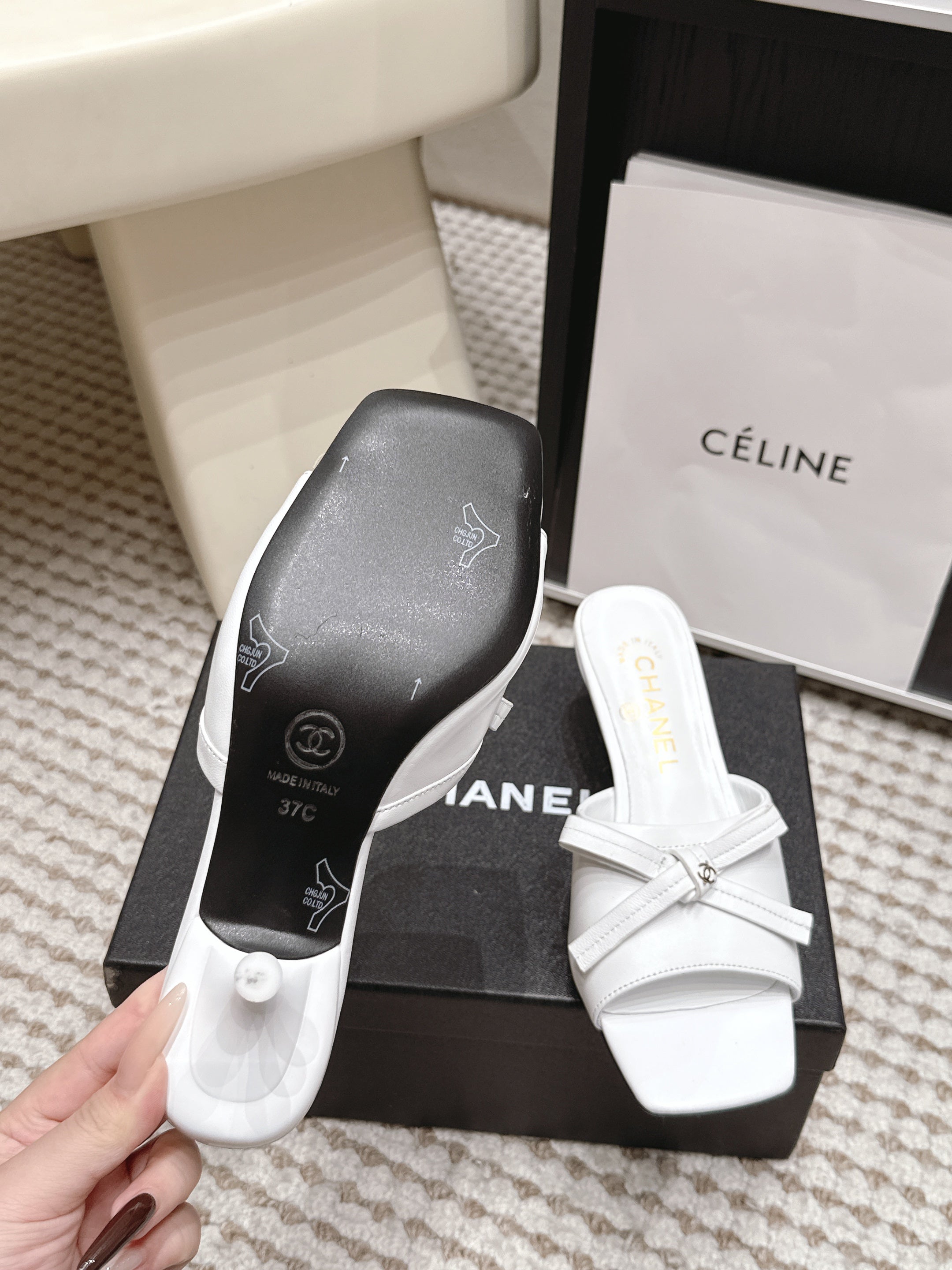 CHANEL 26S SQUARE TOE HIGH HEEL SANDALS IN WHITE CALFSKIN