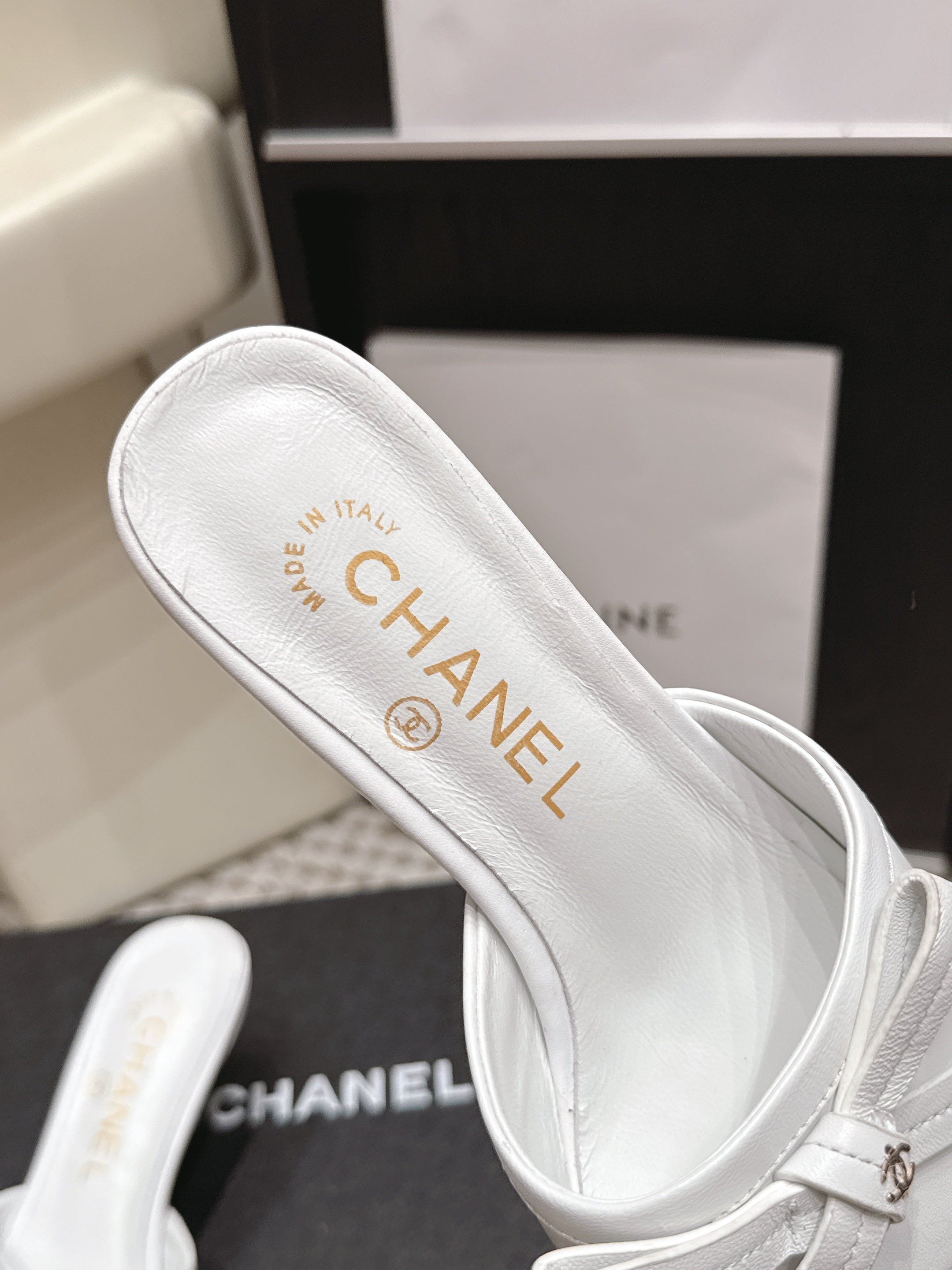 CHANEL 26S SQUARE TOE HIGH HEEL SANDALS IN WHITE CALFSKIN